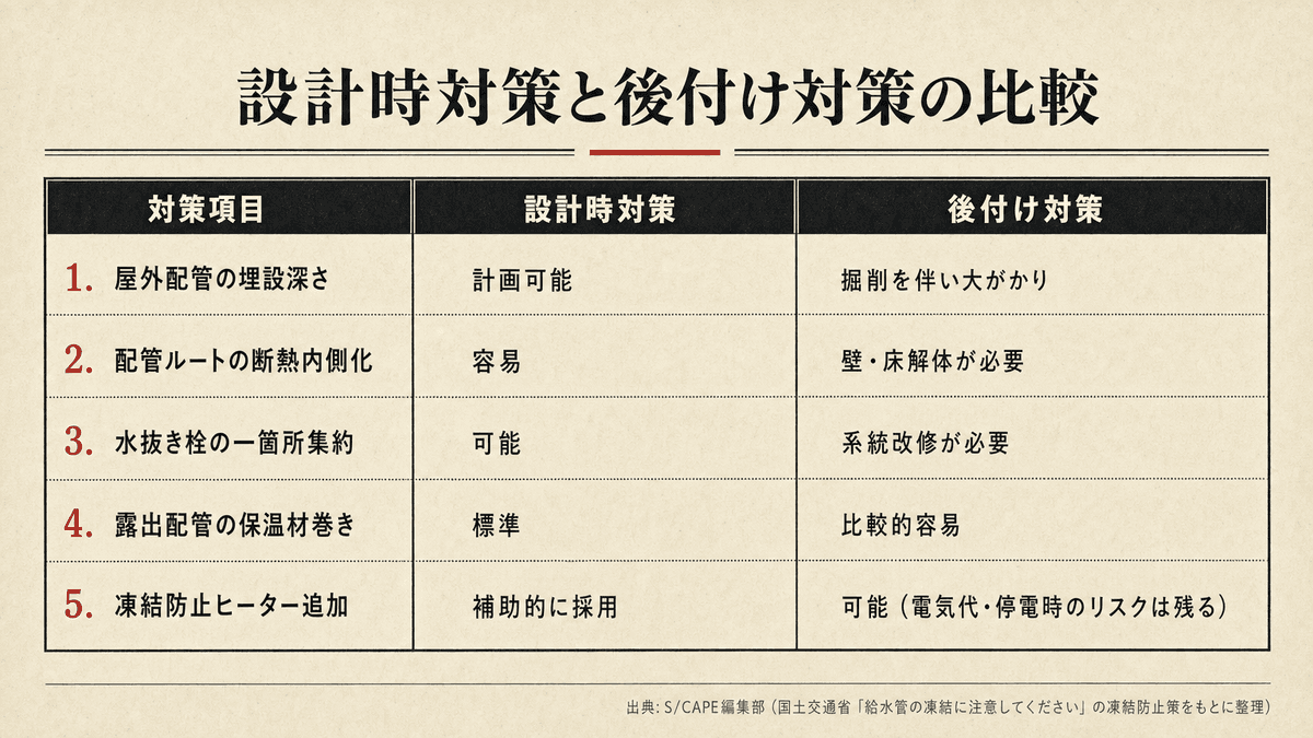 凍結対策を設計段階で行う場合と竣工後に後付けする場合の実現性を比較した表