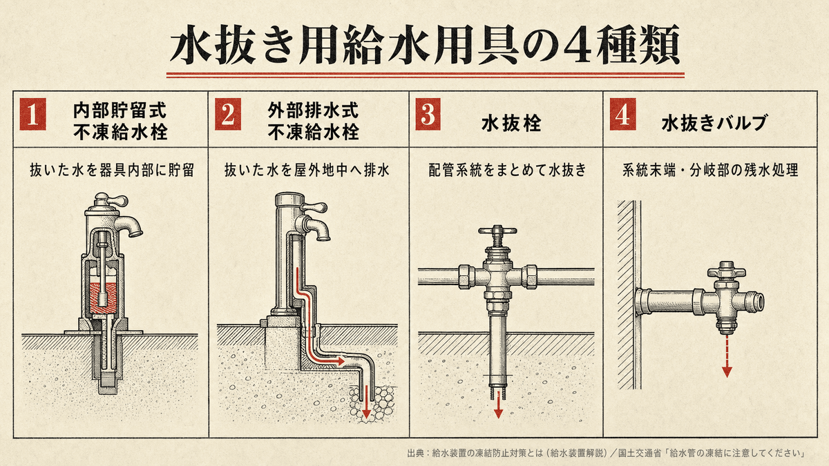 寒冷地の給水装置で用いられる水抜き用給水用具4種類の特徴と設置位置を比較した表