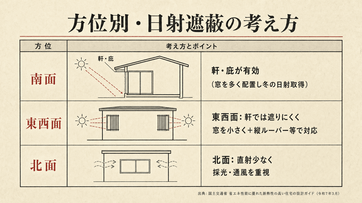 方位別に日射遮蔽の考え方を整理した比較表