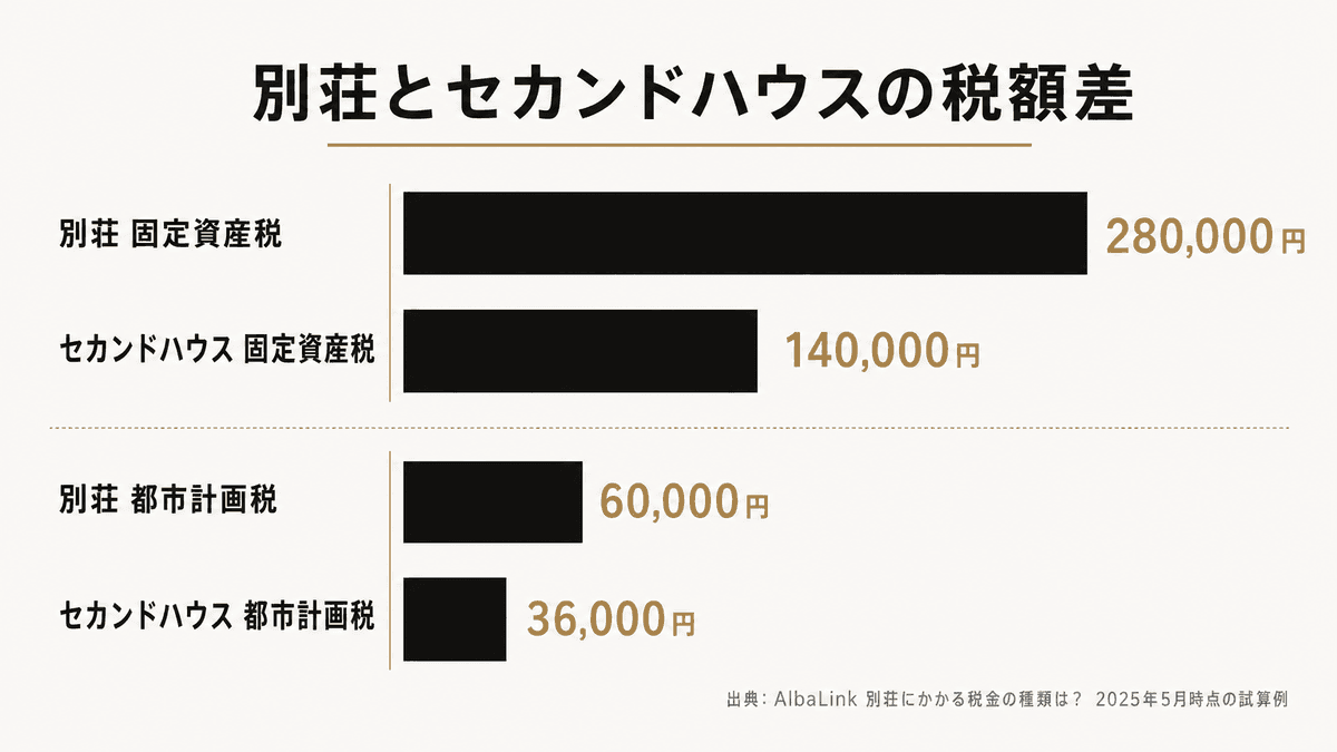 別荘扱いとセカンドハウス認定時の固定資産税・都市計画税の年間負担額比較グラフ