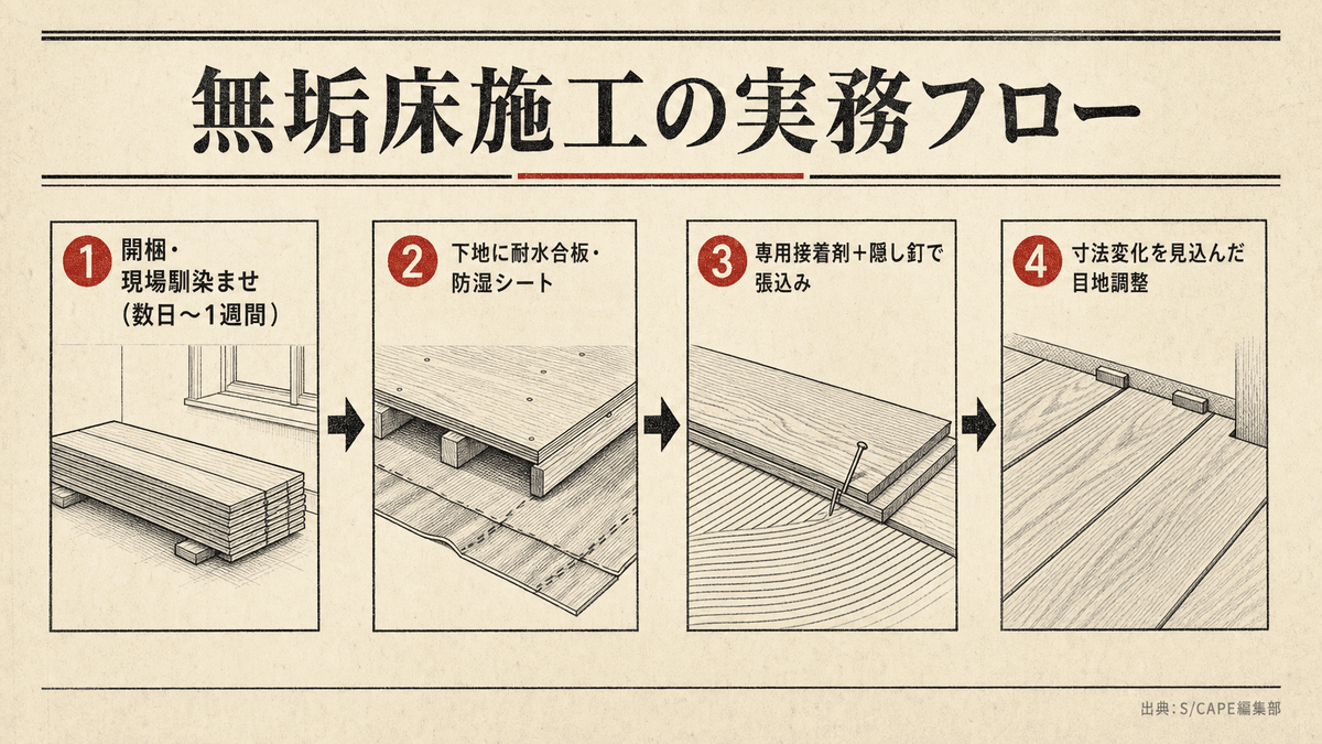 無垢フローリング施工の手順フロー