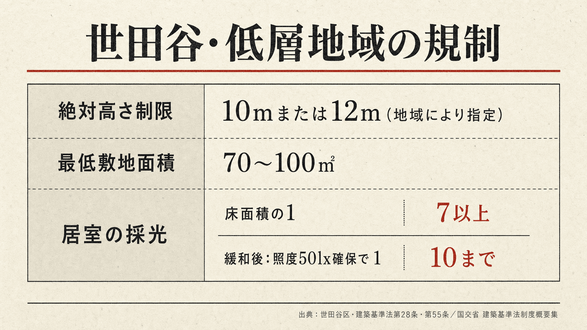 世田谷区第一種低層住居専用地域の建築規制と採光基準を比較した表